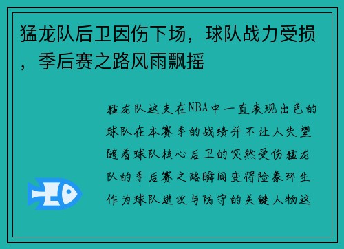 猛龙队后卫因伤下场，球队战力受损，季后赛之路风雨飘摇